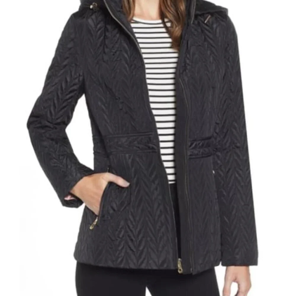 Kate Spade Jacket Coat Chevron Quilted Full Zip Hooded Navy Blue Size M Medium